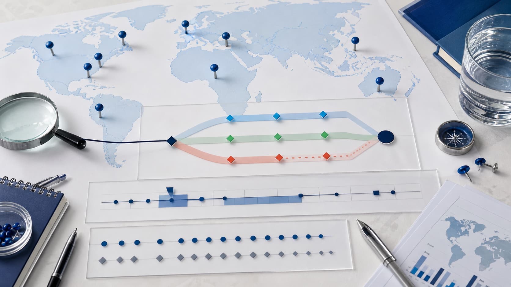 Concept illustration: a world map with alternative development paths and timelines, not an operational footprint.