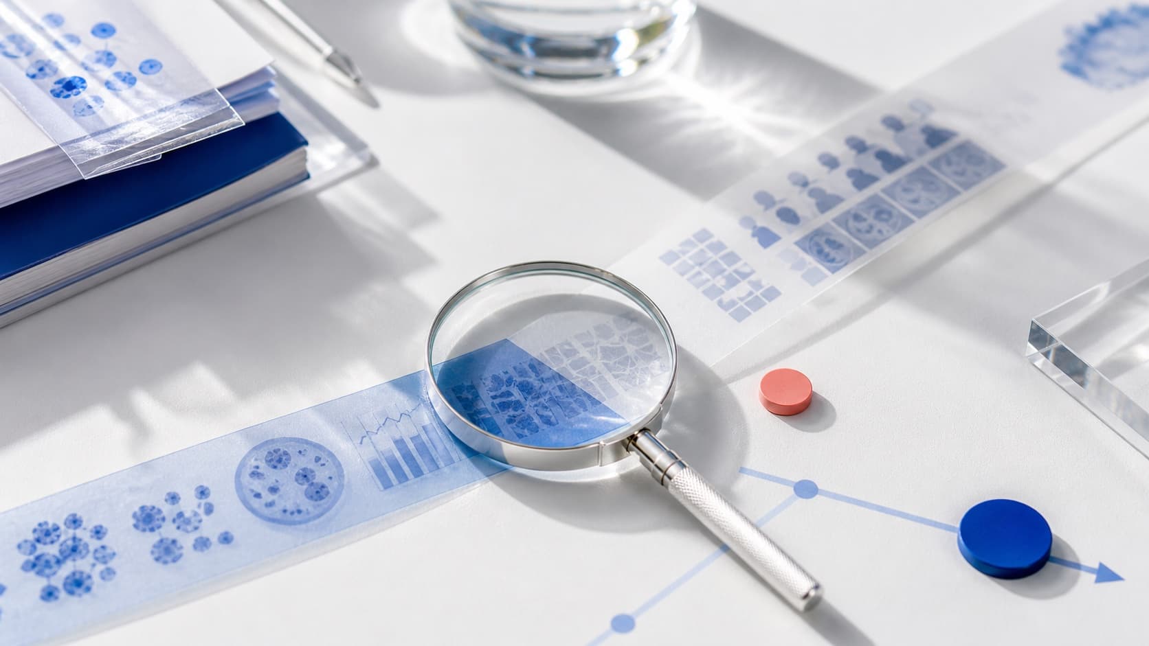 Concept illustration: a magnifying glass examining a conflicting signal along an evidence path.