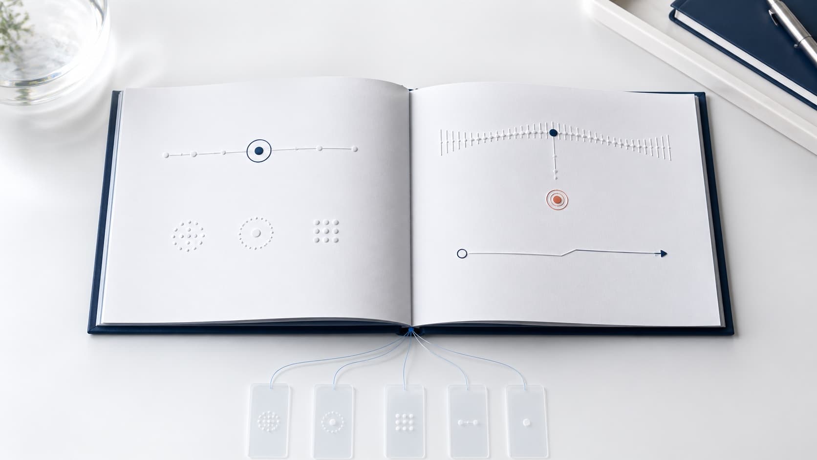 Concept illustration: an open decision brief with evidence references and next-step diagrams.