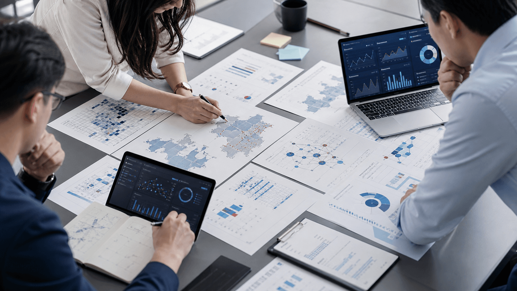 Analysts reviewing de-identified cohort feasibility and site strategy charts.